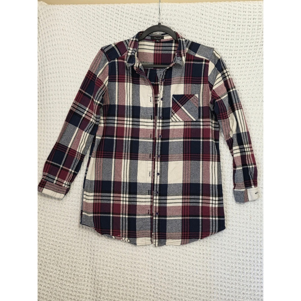 Timing Plaid Flannel Shirt Long Sleeve Button Up Top Burgundy Navy Cream Size M